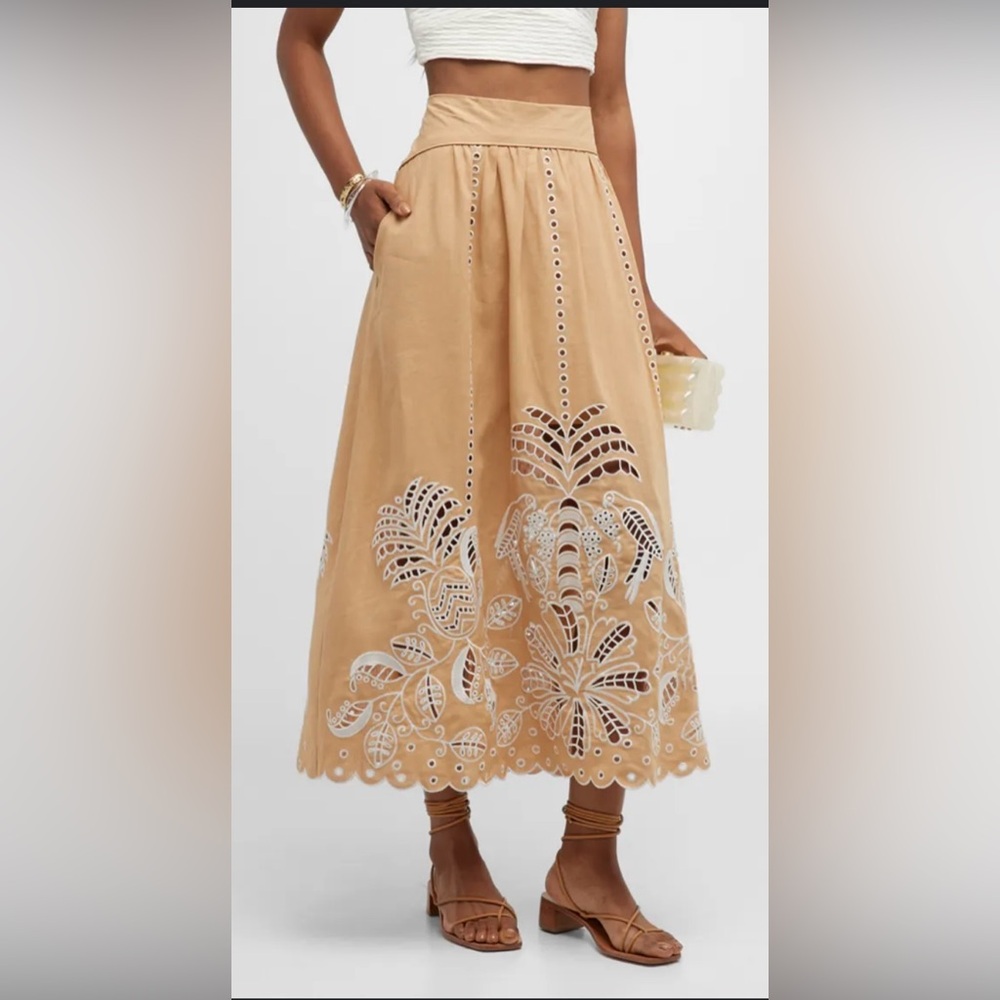 Farm Rio Sand Richelieu Embroidered Midi Skirt